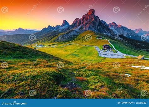 Wonderful Alpine Pass With High Peaks At Sunset Dolomites Italy Stock