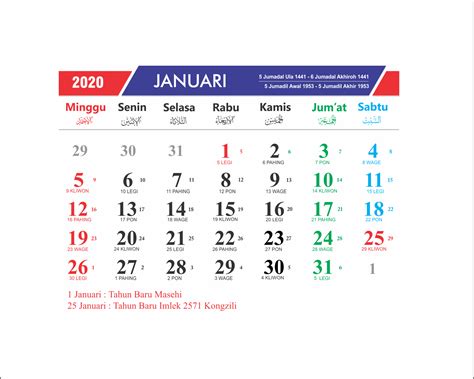 Template Kalender 2020 Lengkap Penanggalan Jawa Orekorek