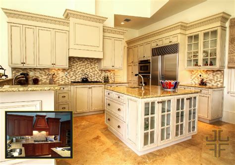 You can choose virtually any color/glaze combination. Before and after - painted kitchen with distressing and glazing from Jeremy Jones Fine Finishes ...