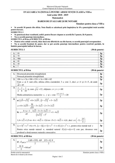 Simulare Matematică 2019 Subiecte și Barem Clasa A 8 A și Clasa A 7 A