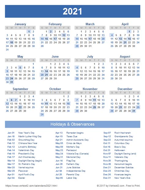 Some 2021 holidays and religious observances are included in some of the calendars. Download+a+free+Printable+2021+Calendar+with+Holidays+from+Vertex42.com in 2020 | Holiday ...