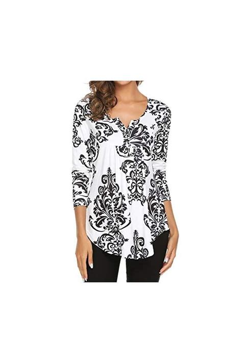 Halife Womens Floral Printed Long Sleeve Henley Shirts V Neck Pleated
