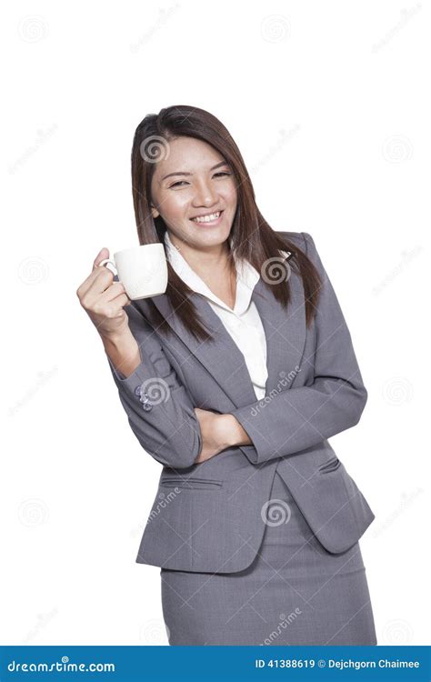 Business Woman Attractive Young Pretty Drinking Coffee Relexation Stock