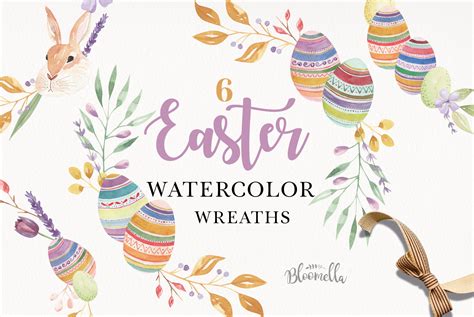 Easter Watercolor Wreaths 6 Floral Garland Bunny Flower Eggs 193175