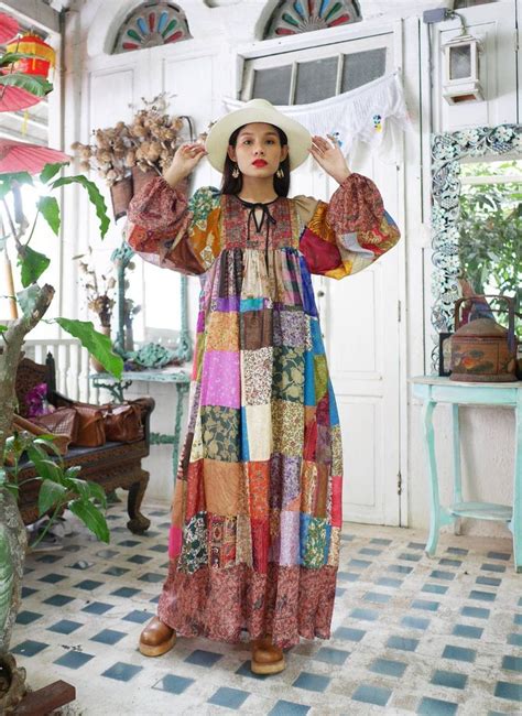 1970s Vintage Indian Silk Patchwork Maxi Dress Boho Long Sleeves