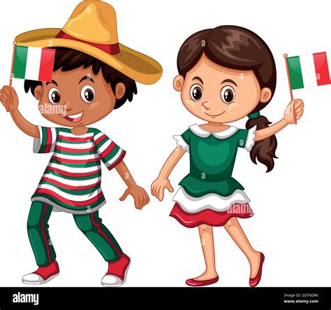 Feliz Niño Y Niña Sosteniendo La Bandera De México Imagen Vector De