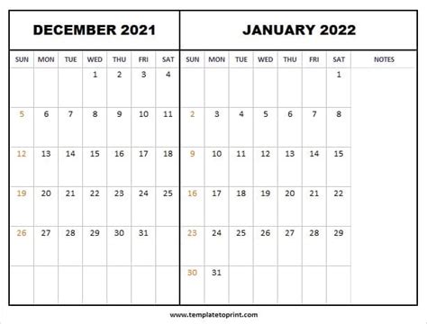 December 2021 January 2022 Calendar A4 Free Printable 2021 Calendar