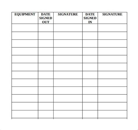 Sign Out Sheet Templates For Equipment