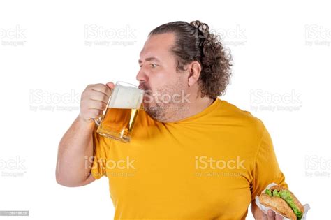 Funny Fat Man Eating Burger And Drinking Alcohol Beverage On White