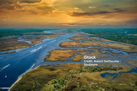 Aerial View Of Sunset Over Intracoastal Waterway At Jacksonville Beach