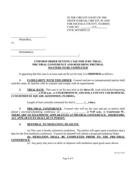 Jury Pre Trial Order Ninth Judicial Circuit Court Of Florida