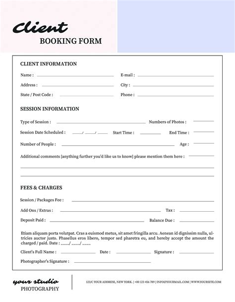 Client Booking Form Photography Booking Form Etsy Photography Business Forms Business