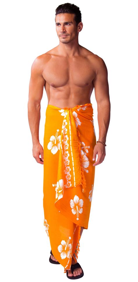 1 world sarongs mens hibiscus sarong in orange white hawaiian lavalava ebay