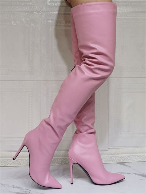 Women Over The Knee Boots Plus Size Stiletto Heel Pu Leather Pink Thigh High Boots