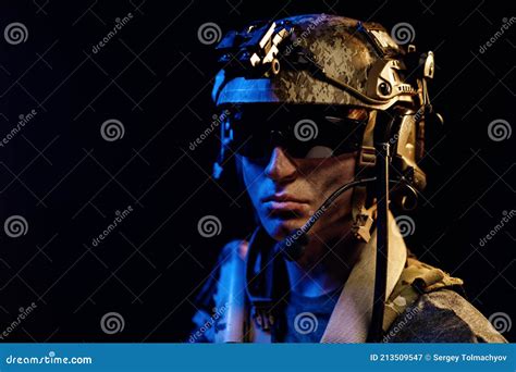portrait of special forces soldier in helmet and glasses in the dark stock image image of
