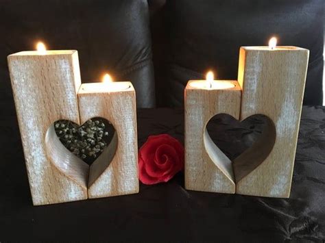 Wooden Candle Holders Set Of 2 Wood Candlestick Holders Rustic Hearts Mothers Day T Wedding