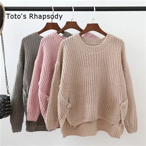2016 New Arrival Womens Sweater Autumn And Winter Solid Color Round Button Mohair Irregular O