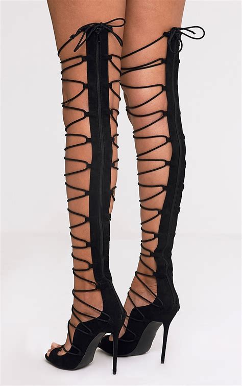 Colleen Black Thigh High Lace Up Heeled Sandals High Heels Prettylittlething