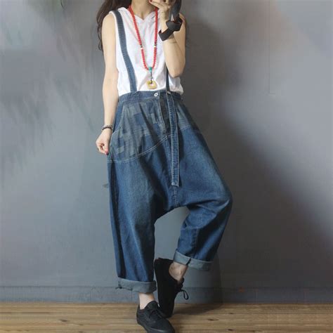 Korean Fashion Backless Suspender Jeans Baggy Checkered Jeans In Dark