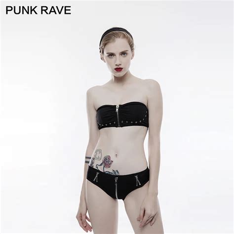 Punk Rave Punk Sexy Women Black Summer Swimwear Gothic Swimsuit Bikini Strapless Briefs