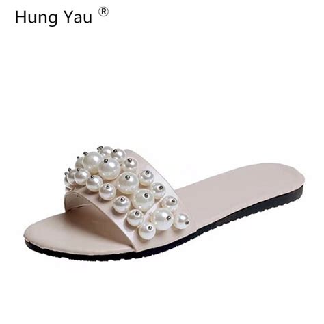 Hung Yau Women Sandals Plus Size 42 Beach Pearl Slippers Flip Flops Summer Style Casual Shoes
