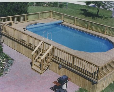 This swimming pool above ground pool deck ideas on a budget stays in the ground, then again with the above ground pool with dark wooden deck. Pinterest: Discover and save creative ideas