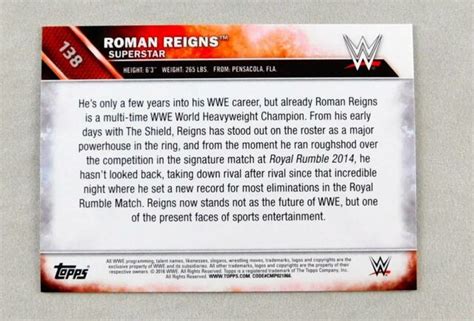 Roman Reigns Wwe Topps Wrestling Trading Card Wwf Raw Smackdown 13