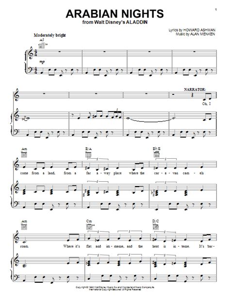 Arabian Nights From Aladdin Sheet Music Alan Menken Piano Vocal And Guitar Chords Right