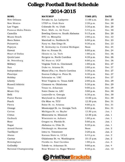 Printable College Football Bowl Schedule