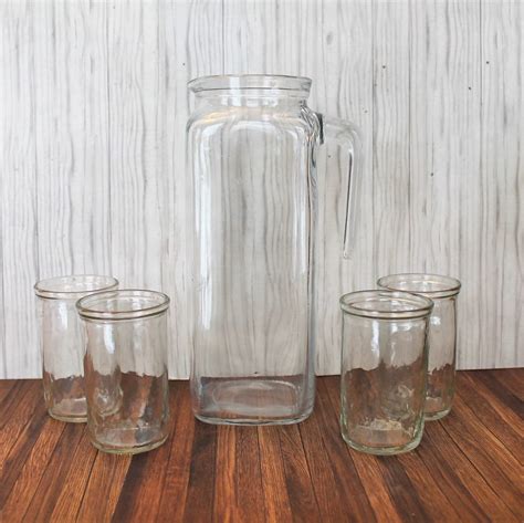 Vintage Jelly Jar Juice Glasses And Pitcher Set Diamond Star Design Clear Drinking Glass