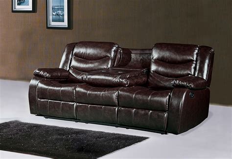 This ullery living room reclining sofa features a cenro recliner mechanism with a manual crank and a steel base that ensure this sofa will be a staple in your home for years to come. 644BR Brown Leather Reclining Sofa With Drop Down Console