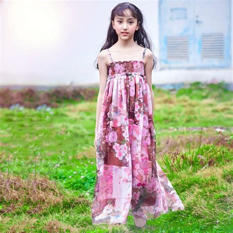 2018 Hot Pink Floral Dress Long Gown For Girls Kids Summer Beach