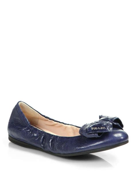Prada Distressed Leather Bow Ballet Flats In Black Bluette Blue Lyst