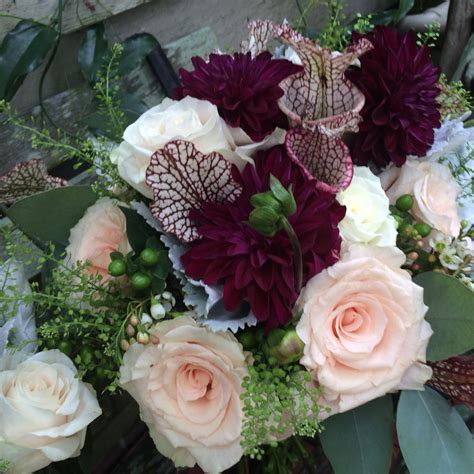 Bridesmaids Bouquets Dark Purple Dahlia Ivory And Soft Peach Roses