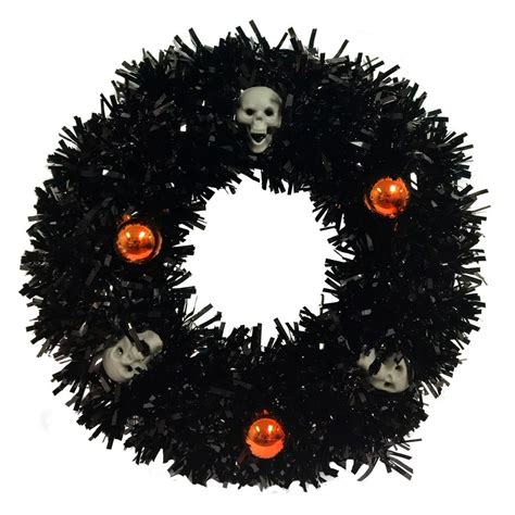 Halloween Black Tinsel Wreath With Skulls And Orange Ornaments 14 Inch