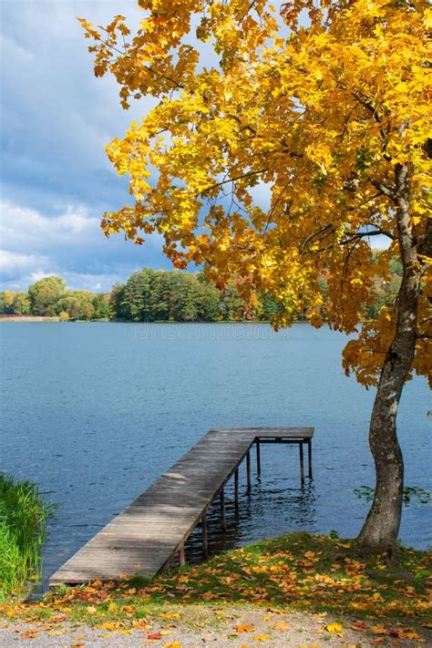 Wonderful Autumn Landscape With Forest Lake And Wooden Pier Stock