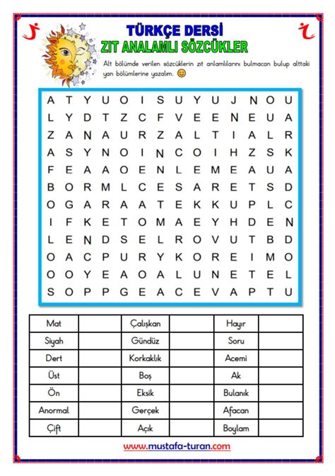 Zıt Anlamlı Kelimeler Bulmaca Etkinliği