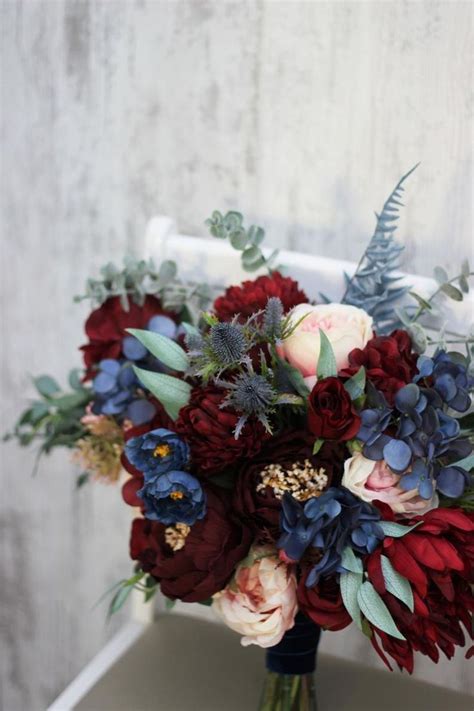 Maybe you would like to learn more about one of these? Burgundy navy blue blush pink flowers Bridal bouquet Faux ...