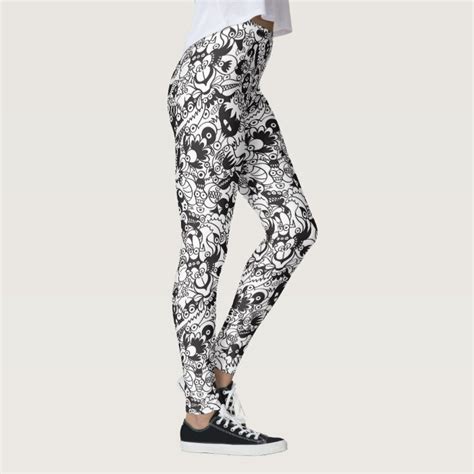 Black And White Scary Monsters In Doodle Art Style Leggings