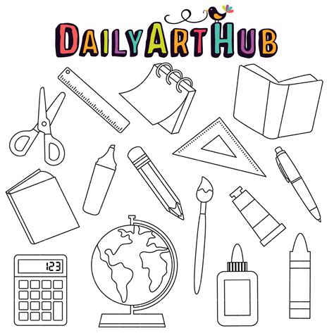 School Supplies Outline Clip Art Set Daily Art Hub Graphics