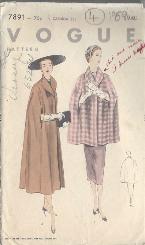 Cape Sewing Pattern 1952 Vintage Vogue Sewing Pattern Cape B30 32 R709
