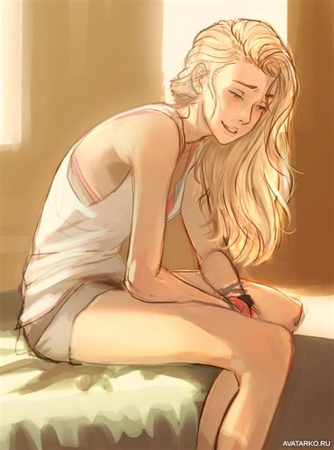 Блондинка сидит на кровати и улыбается Картинки и аватары