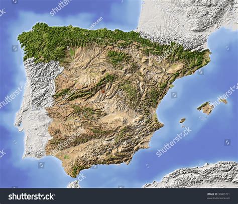 Spain Shaded Relief Map Surrounding Territory Stock Illustration