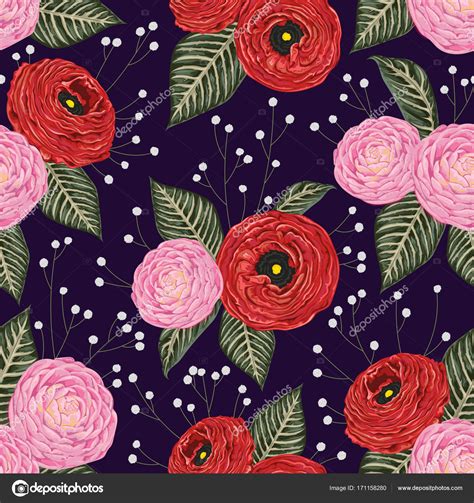 Seamless Pattern With Pink Camellias Red Ranunculus And Gypsophila