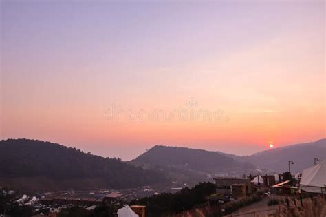 Colorful Sunset Over The Mountain Hills In A Thai Village Near