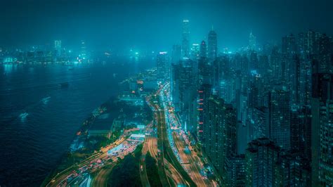 Download Wallpaper 3840x2160 Night City Fog Aerial View Buildings