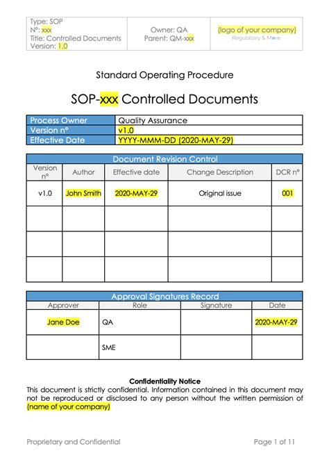 Template Sop Controlled Documents V10 Regulatory And More
