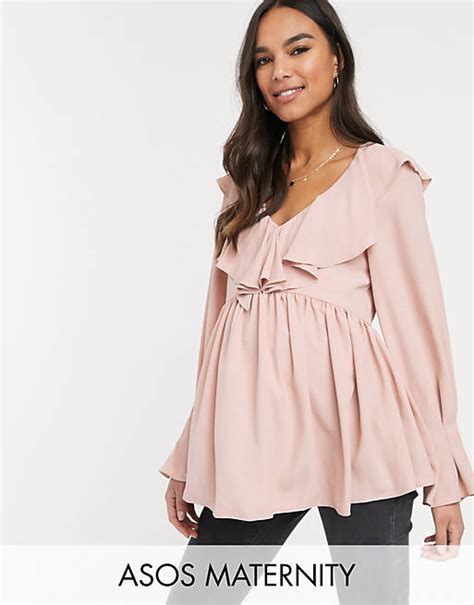 Asos Design Maternity Long Sleeve Smock Top With Frill Neck Detail Asos