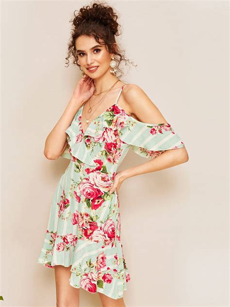 Cold Shoulder Ruffle Trim Floral And Striped Dress