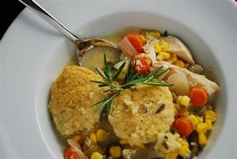 Drop dough by tablespoonfuls onto chicken or vegetables in simmering stew. Crock Pot Chicken Stew with Cornmeal Dumplings Recipe - 6 Points | LaaLoosh